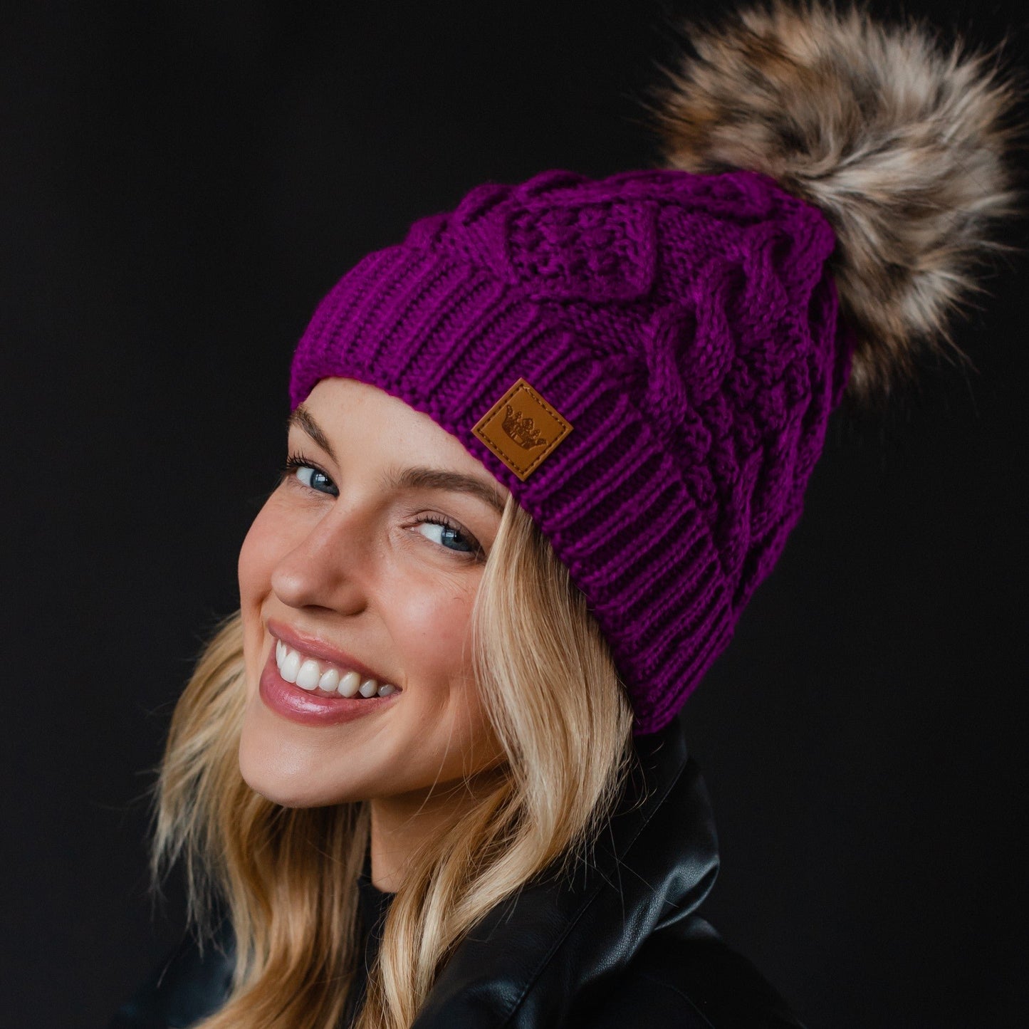 Purple Cable Knit Pom Hat