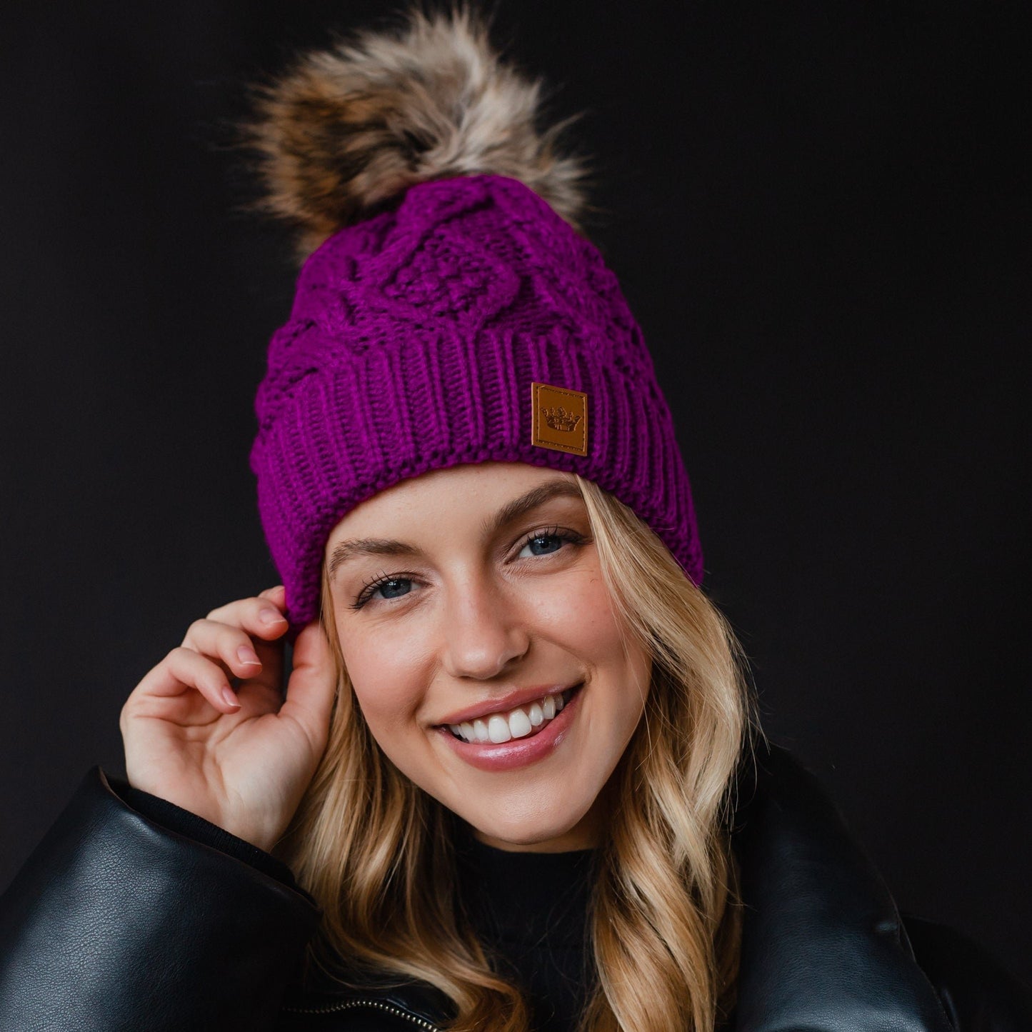 Purple Cable Knit Pom Hat