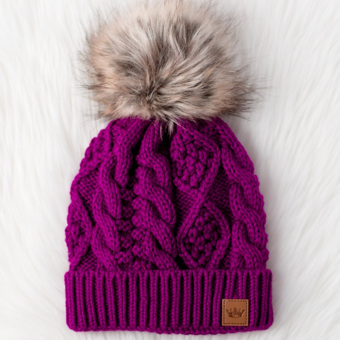 Purple Cable Knit Pom Hat