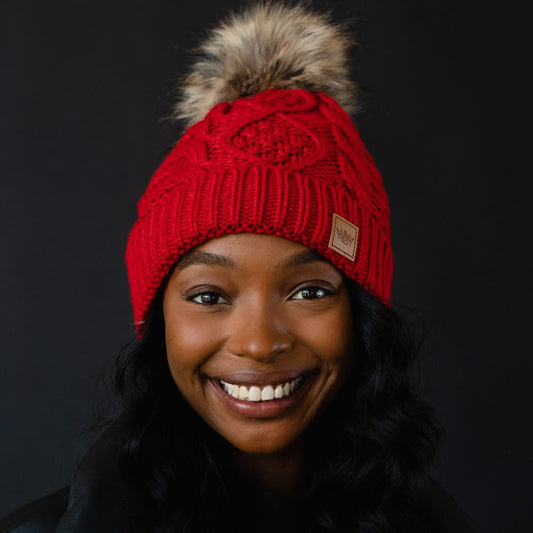 Red Cable Knit Pom Hat