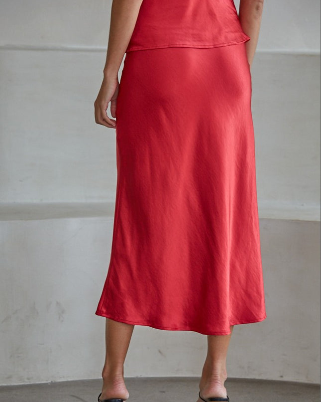 Red Marie Elastic Waist Satin Skirt