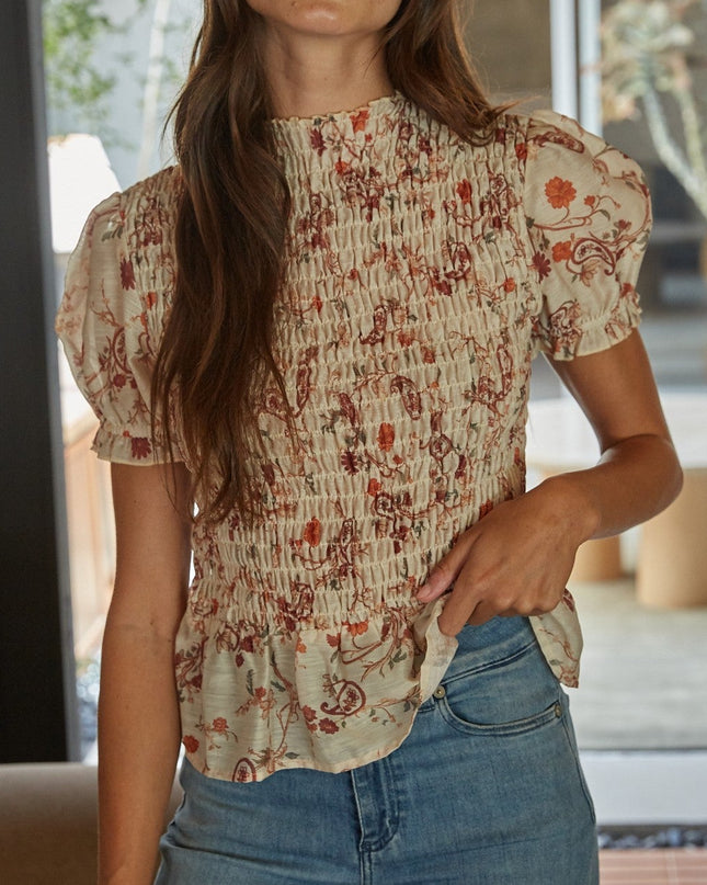 Cream Rust Floral Smocked Top