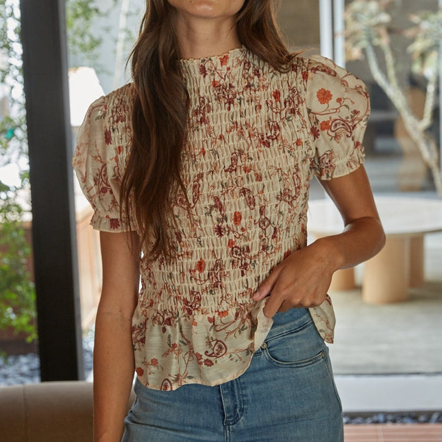 Cream Rust Floral Smocked Top
