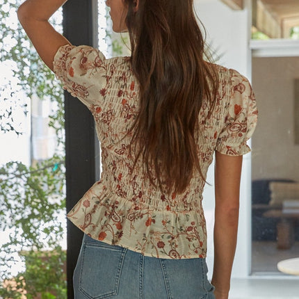 Cream Rust Floral Smocked Top
