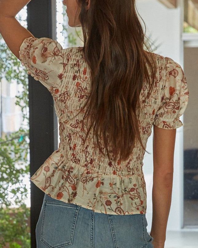 Cream Rust Floral Smocked Top