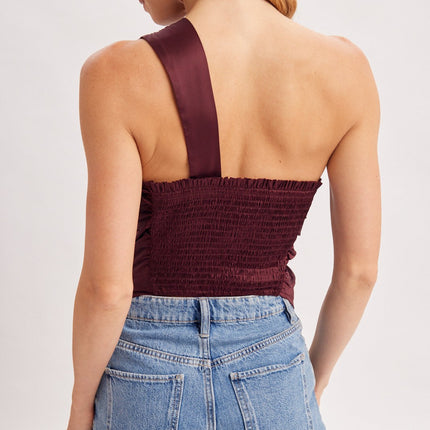Wine Satin One Shoulder Asymmetrical Top