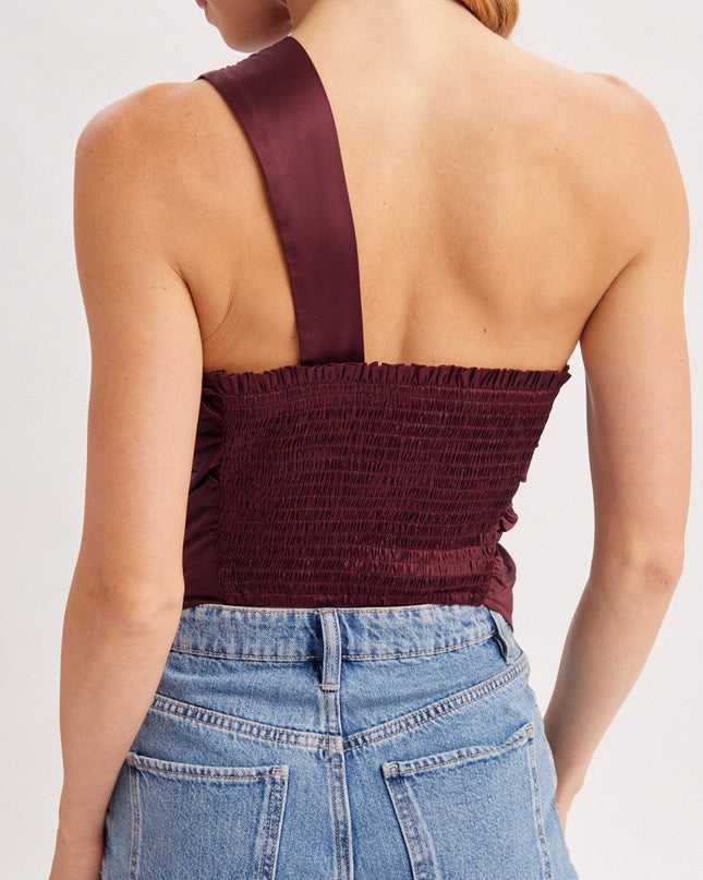 Wine Satin One Shoulder Asymmetrical Top