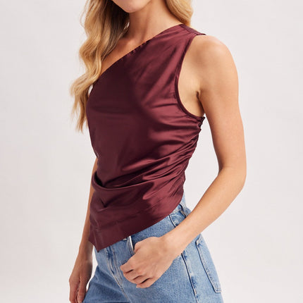 Wine Satin One Shoulder Asymmetrical Top