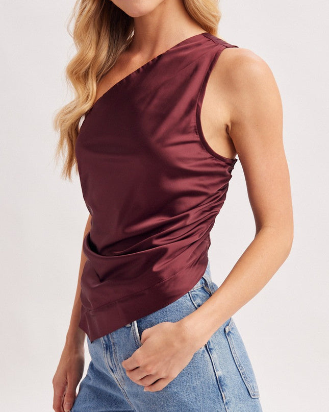 Wine Satin One Shoulder Asymmetrical Top
