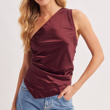 Wine Satin One Shoulder Asymmetrical Top