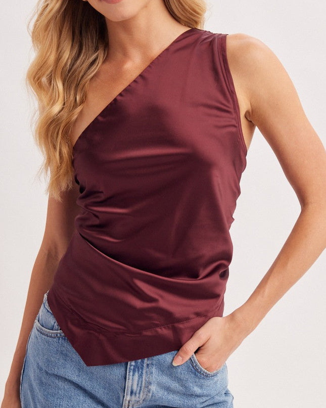 Wine Satin One Shoulder Asymmetrical Top