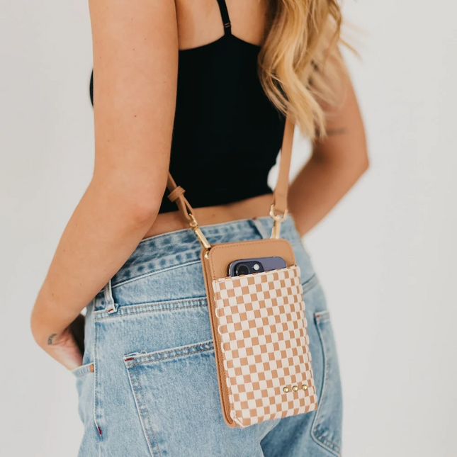 Tan Checkered Double Duty Phone Bag