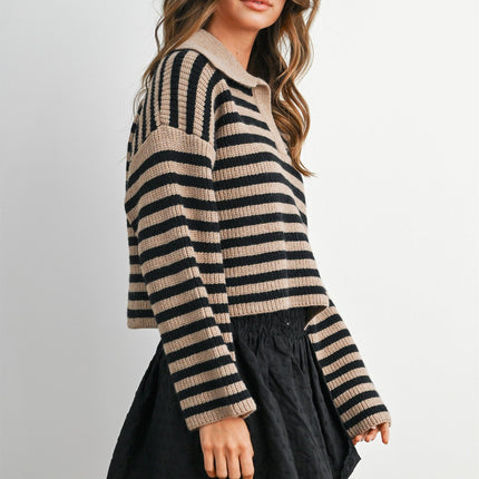 Taupe Black Striped Collared Knit Sweater