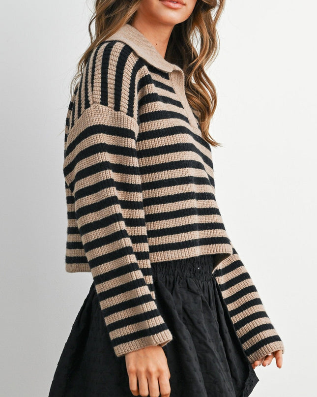 Taupe Black Striped Collared Knit Sweater