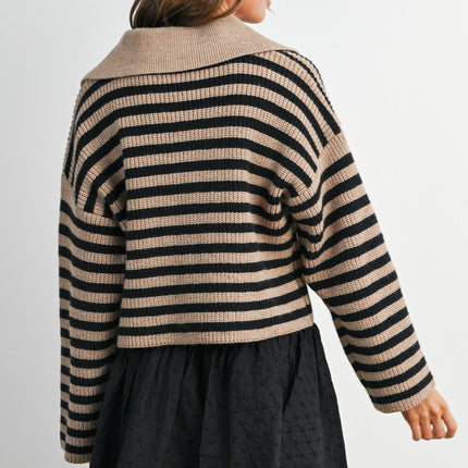 Taupe Black Striped Collared Knit Sweater
