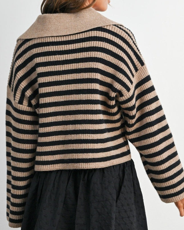 Taupe Black Striped Collared Knit Sweater