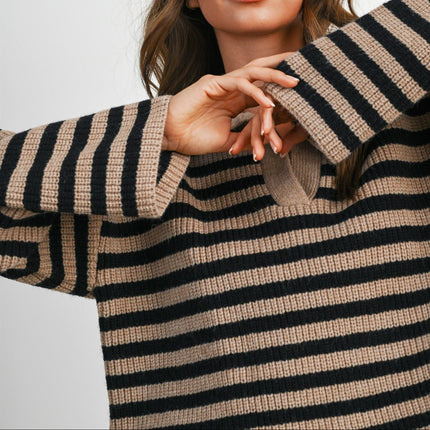 Taupe Black Striped Collared Knit Sweater