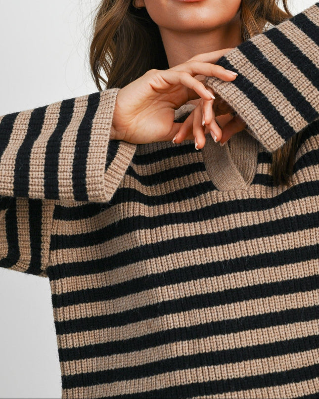 Taupe Black Striped Collared Knit Sweater