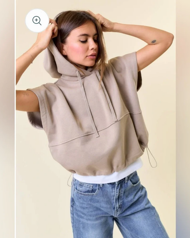 Taupe Drawstring Crop Hoodie