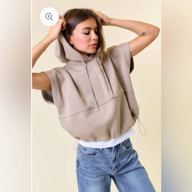 Taupe Drawstring Crop Hoodie