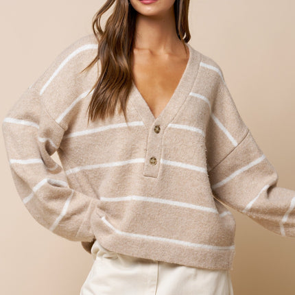 Taupe Oversized Deep V-neck Striped Sweater