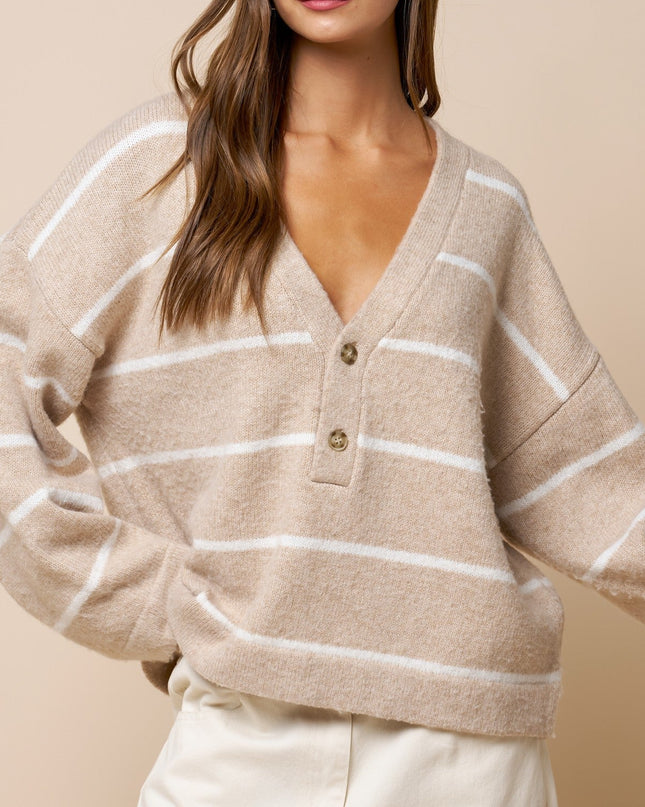 Taupe Oversized Deep V-neck Striped Sweater