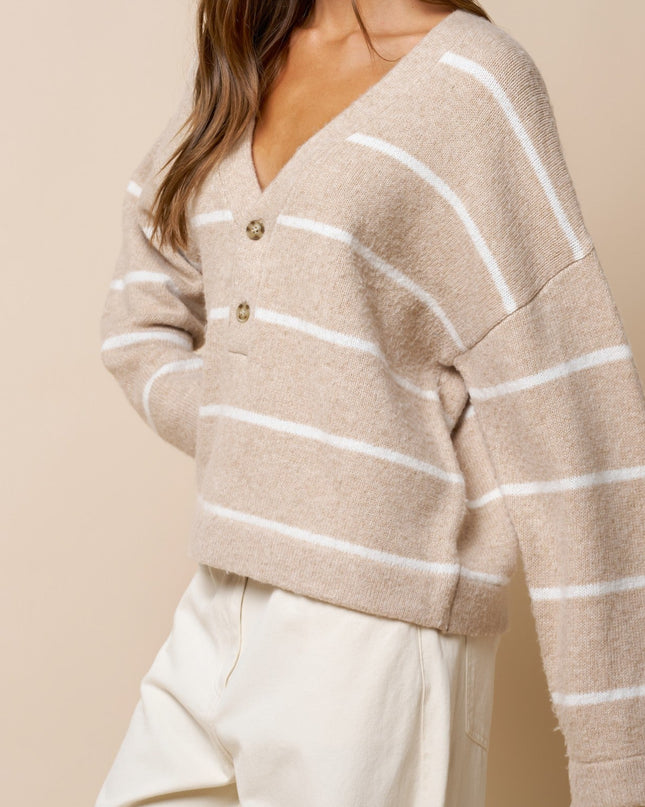 Taupe Oversized Deep V-neck Striped Sweater