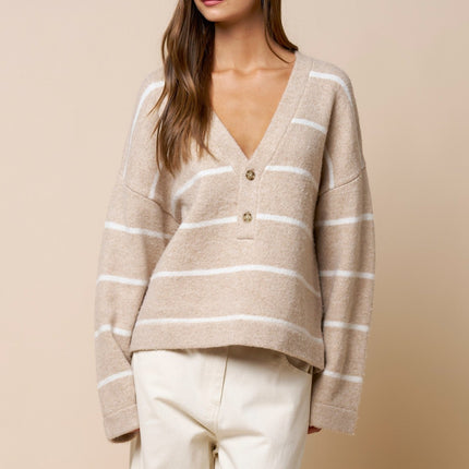 Taupe Oversized Deep V-neck Striped Sweater