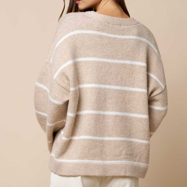 Taupe Oversized Deep V-neck Striped Sweater