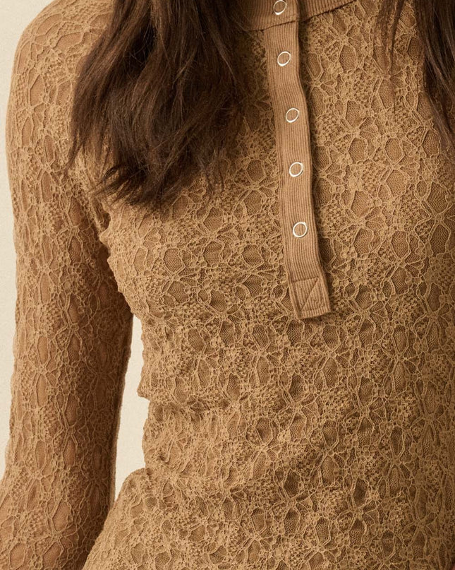 Taupe Floral Lace Henley Top - Shop Simply Apparel