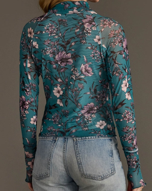 Teal Lilac Floral Mesh Top