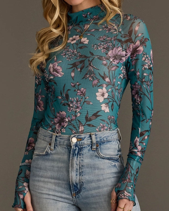 Teal Floral Mesh Top