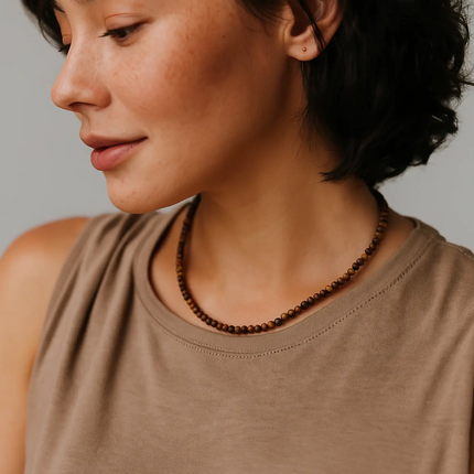 Tiger's Eye Brown Natural Stone Beads Single Strand Necklace