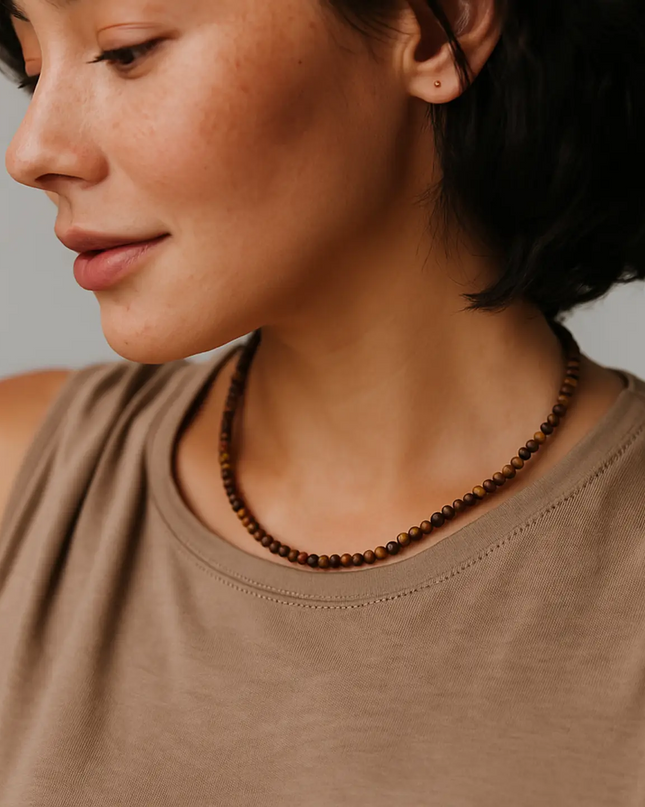 Tiger's Eye Brown Natural Stone Beads Single Strand Necklace