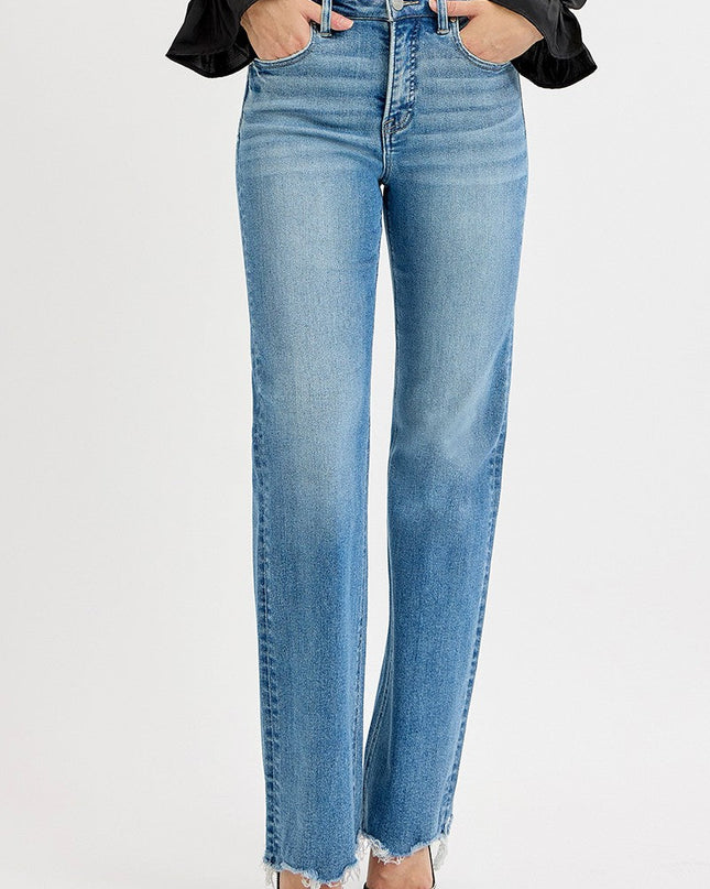 Tummy Control Wide Leg Raw Cut Hem Jeans