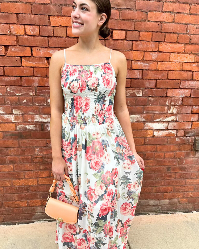 Floral Mesh Smocked-Bodice Cami Maxi Dress - Shop Simply Apparel
