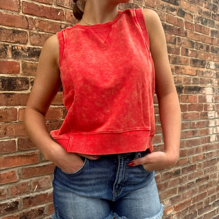 Washed Red Sleeveless Terry Top