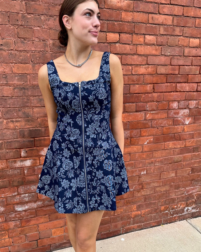 Floral Jacquard Denim Zip-Up Dress - Shop Simply Apparel