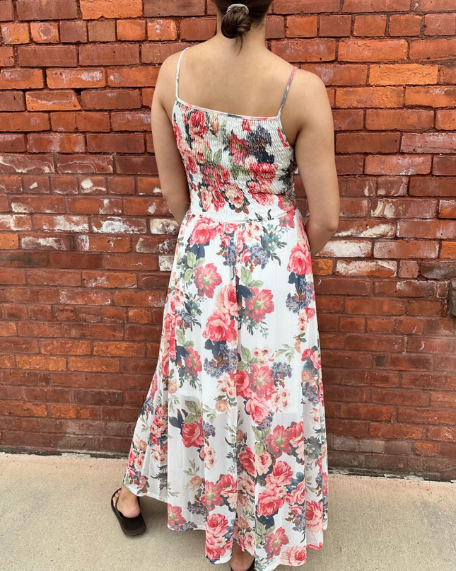 Floral Mesh Smocked-Bodice Cami Maxi Dress - Shop Simply Apparel