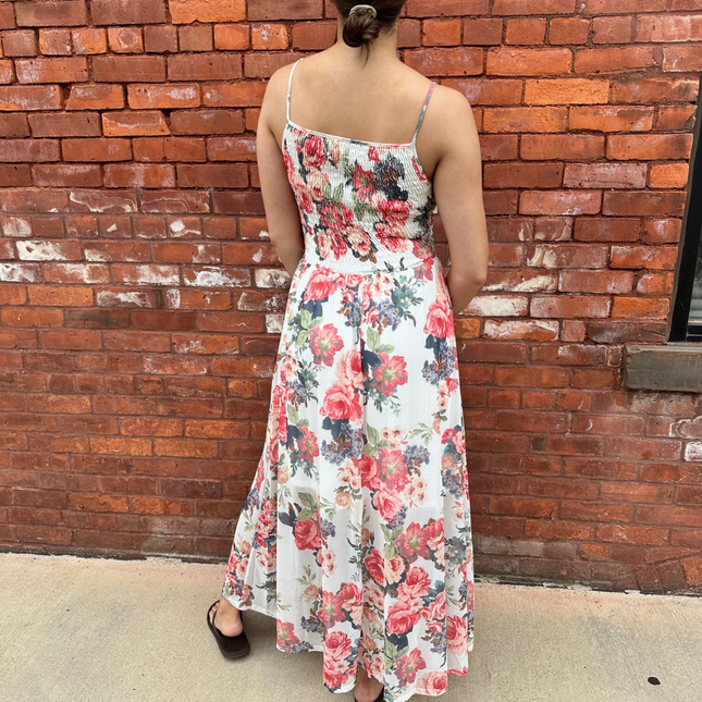 Floral Mesh Smocked-Bodice Cami Maxi Dress