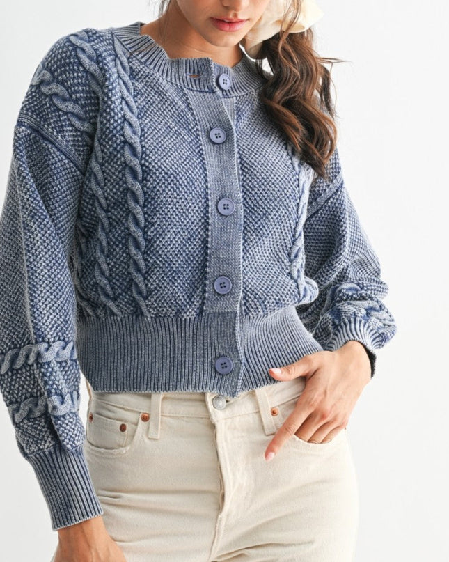 Washed Blended Blue Cable Knit Cardigan - Shop Simply Apparel