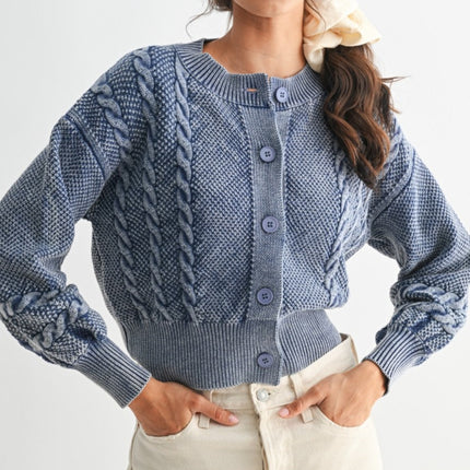 Washed Blended Blue Cable Knit Cardigan - Shop Simply Apparel