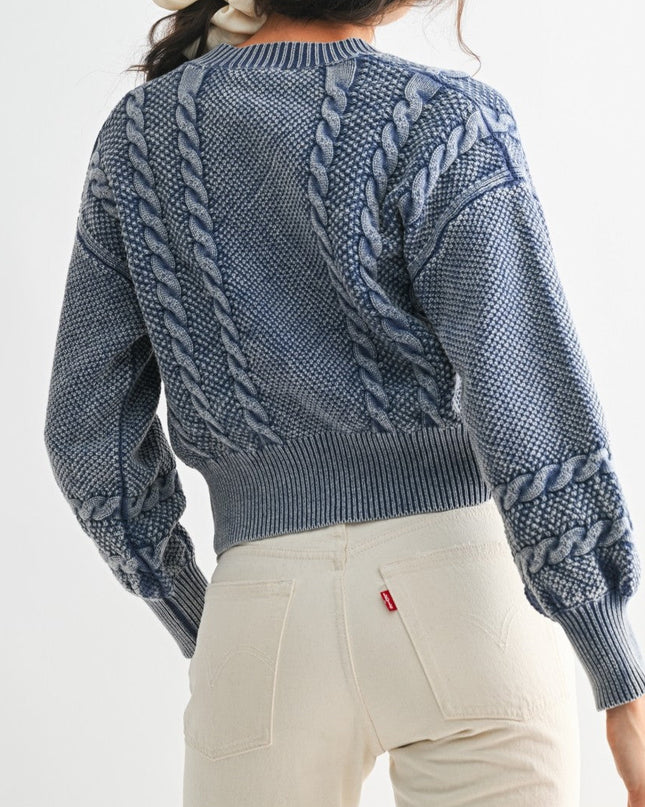 Washed Blended Blue Cable Knit Cardigan - Shop Simply Apparel