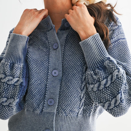 Washed Blended Blue Cable Knit Cardigan - Shop Simply Apparel