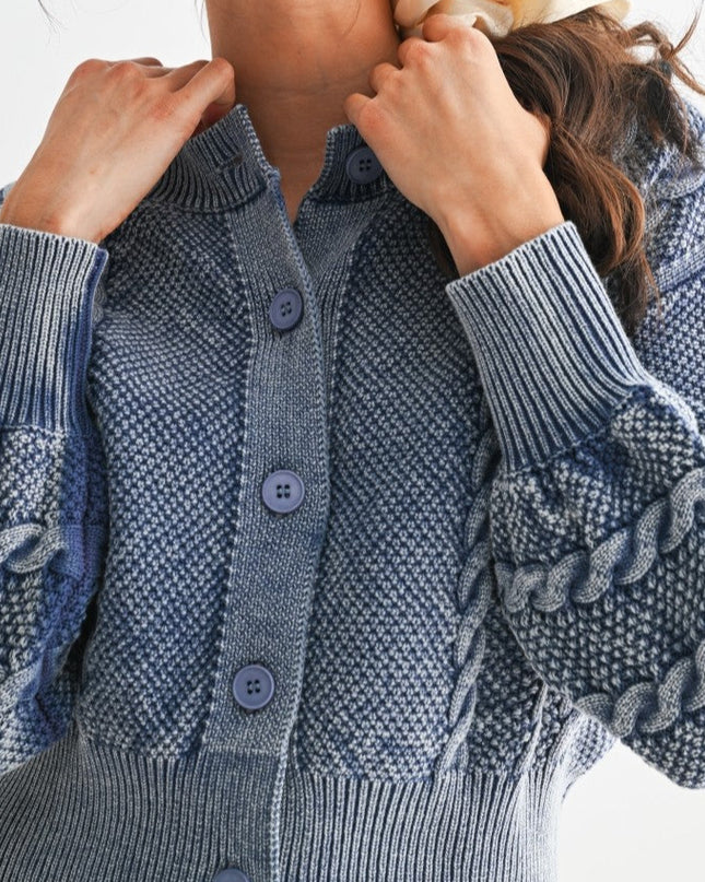Washed Blended Blue Cable Knit Cardigan - Shop Simply Apparel