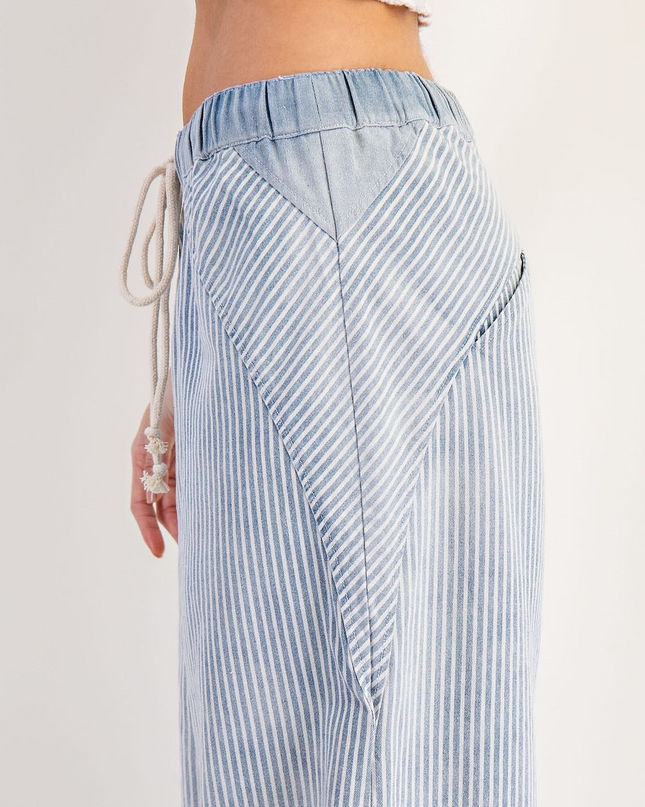 Washed Denim Striped Drawstring Pants - Shop Simply Apparel