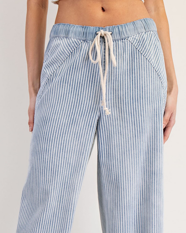Washed Denim Striped Drawstring Pants - Shop Simply Apparel