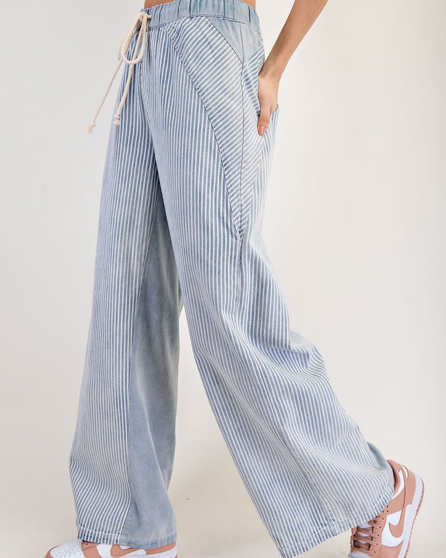 Washed Denim Striped Drawstring Pants - Shop Simply Apparel