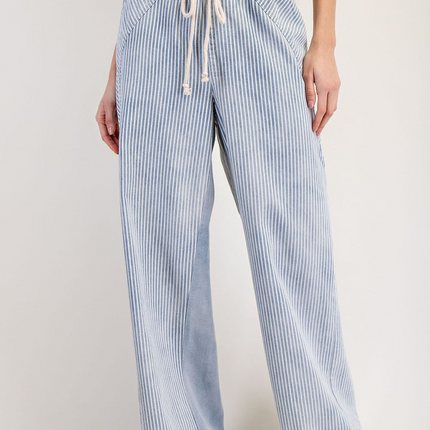 Washed Denim Striped Drawstring Pants