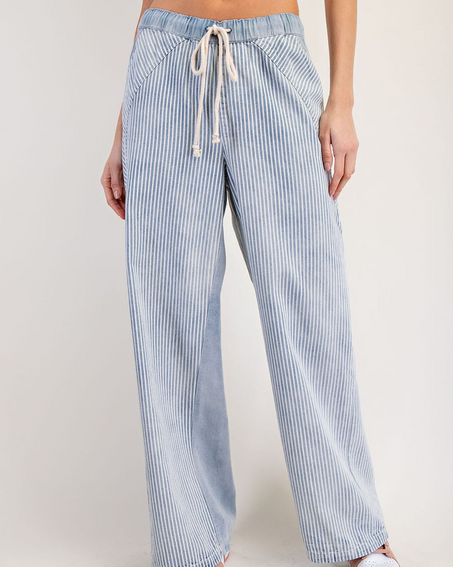 Washed Denim Striped Drawstring Pants